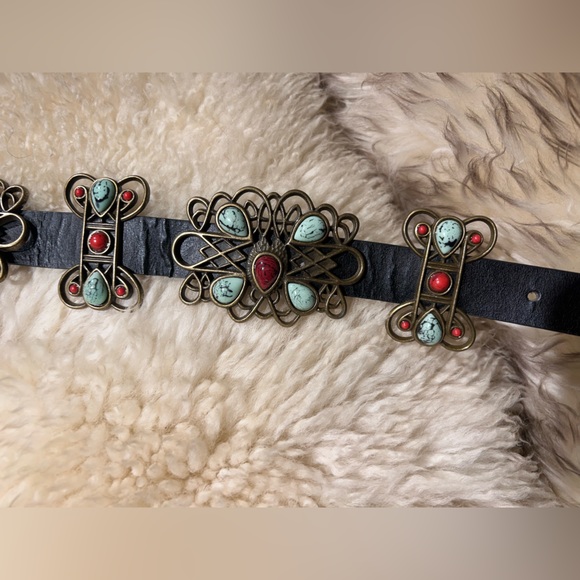 black leather western concho belt faux coral and turquoise stones scroll design - Picture 4 of 17
